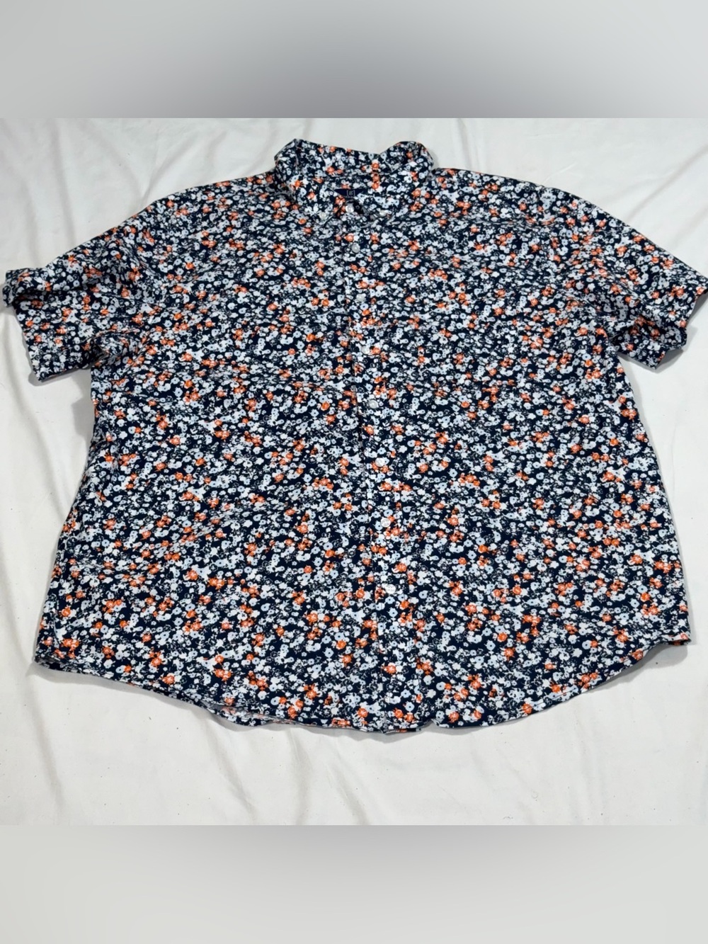 George Mens 2XL Floral Button Down Shirt Navy Orange Classic Fit Short SleeveB29
